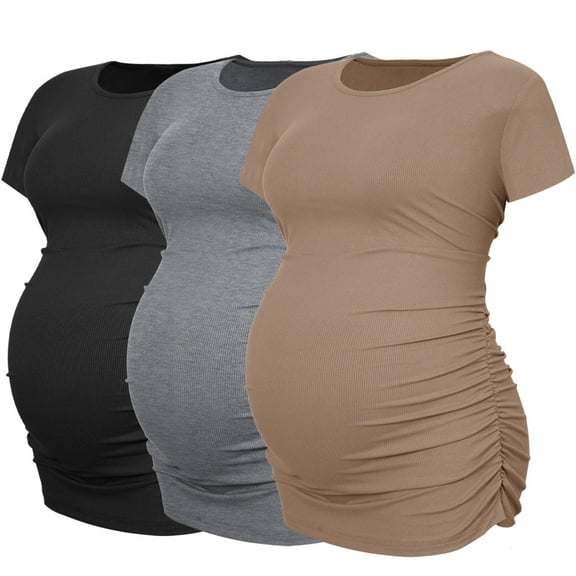 Women's Maternity Shirts Tops Side Ruched Ribbed Pregnancy Clothes 3-Pack