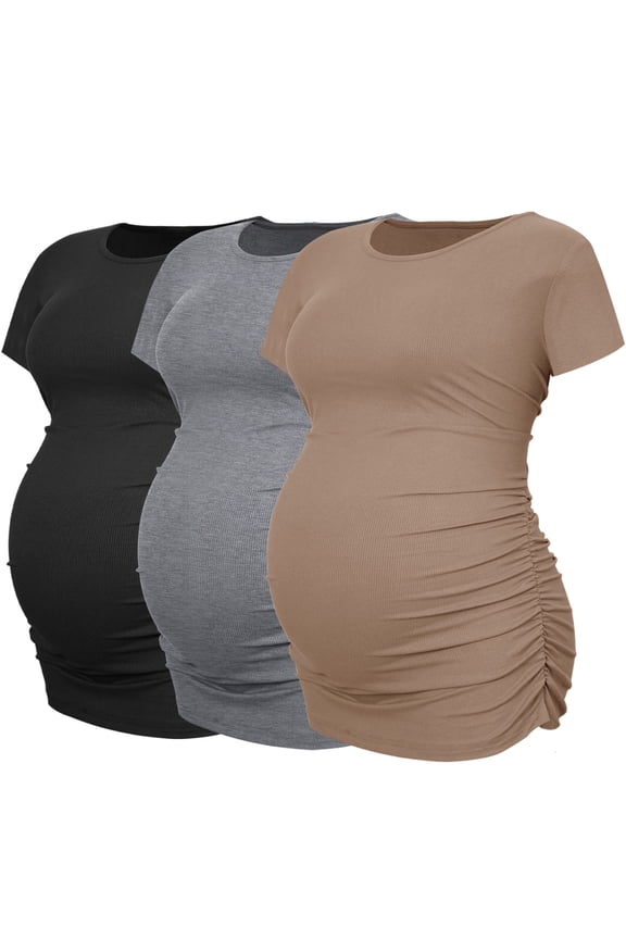 Women's Maternity Shirts Tops Side Ruched Ribbed Pregnancy Clothes 3-Pack