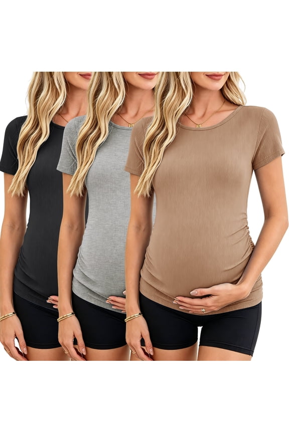 Women's Maternity Shirts Tops Side Ruched Ribbed Pregnancy Clothes 3-Pack