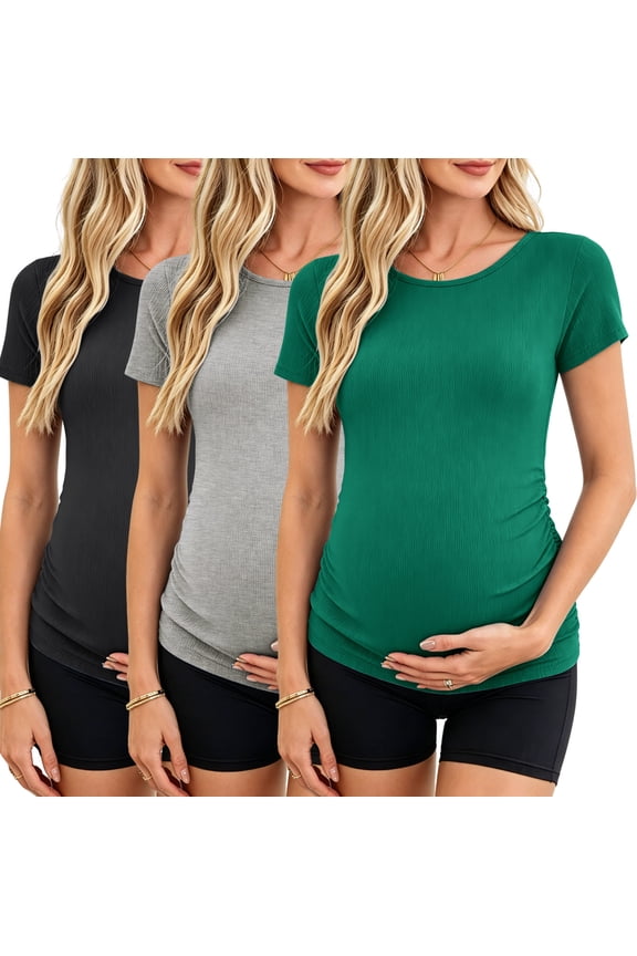 Women's Maternity Shirts Tops Side Ruched Ribbed Pregnancy Clothes 3-Pack