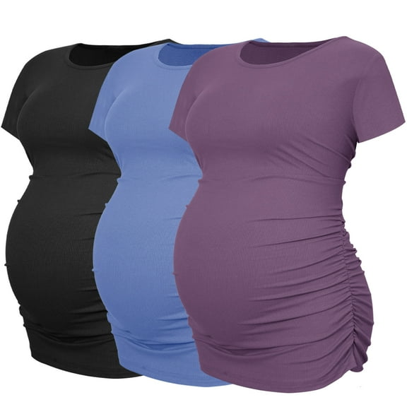 Women's Maternity Shirts Tops Side Ruched Ribbed Pregnancy Clothes 3-Pack
