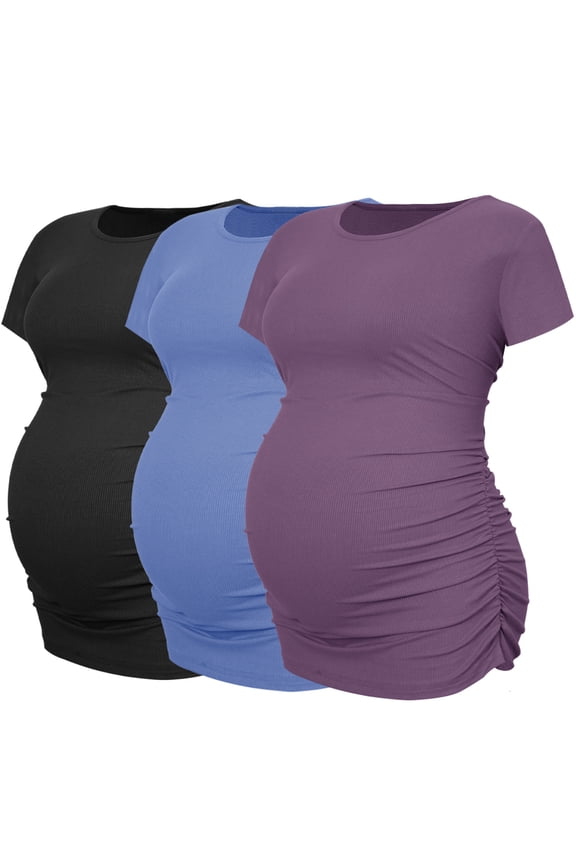Women's Maternity Shirts Tops Side Ruched Ribbed Pregnancy Clothes 3-Pack