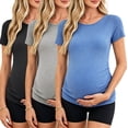 thumbnail image 1 of Women's Maternity Shirts Tops Side Ruched Ribbed Pregnancy Clothes 3-Pack, 1 of 6