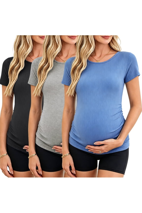 Women's Maternity Shirts Tops Side Ruched Ribbed Pregnancy Clothes 3-Pack