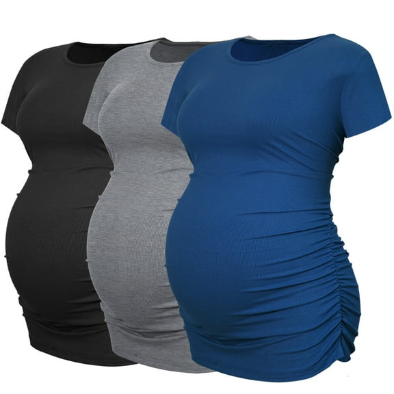 Women's Maternity Shirts Tops Side Ruched Ribbed Pregnancy Clothes 3-Pack