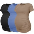 thumbnail image 1 of Women's Maternity Shirts Tops Side Ruched Ribbed Pregnancy Clothes 3-Pack, 1 of 6