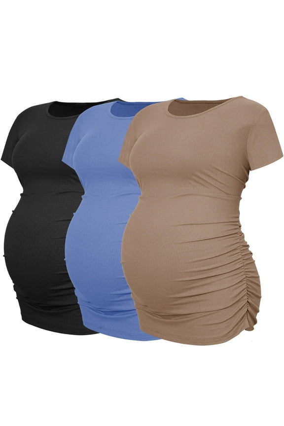 Women's Maternity Shirts Tops Side Ruched Ribbed Pregnancy Clothes 3-Pack