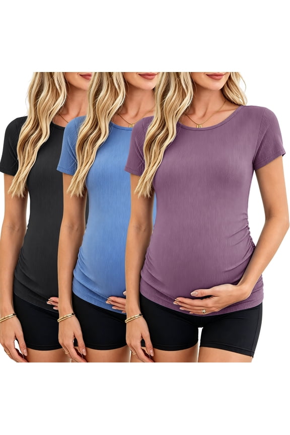 Women's Maternity Shirts Tops Side Ruched Ribbed Pregnancy Clothes 3-Pack