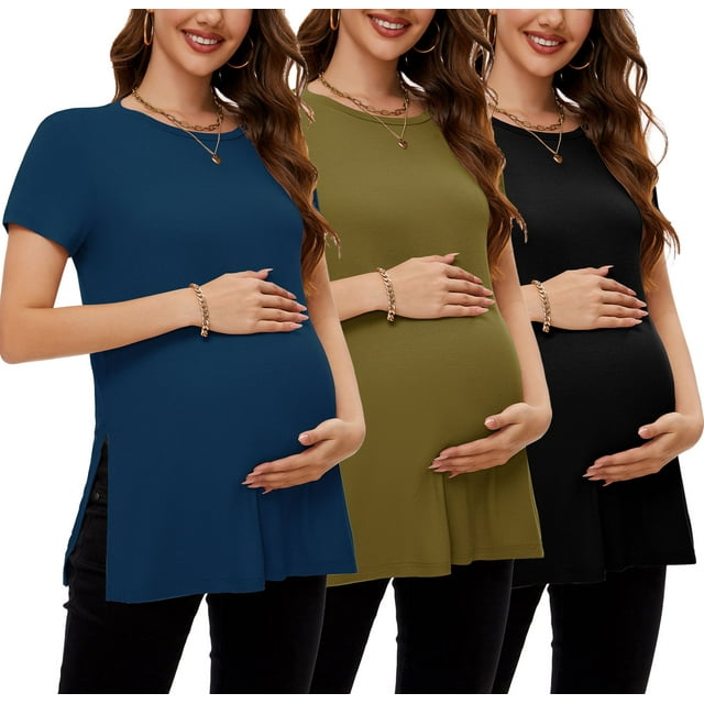 Smallshow Women's Maternity Shirts Tops Split Hem Ribbed Maternity Pregnancy Clothes 3-Pack