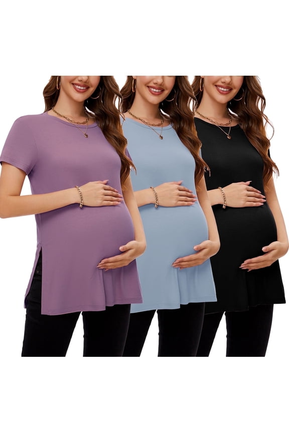 Women's Maternity Shirts Tops Split Hem Ribbed Maternity Pregnancy Clothes 3-Pack