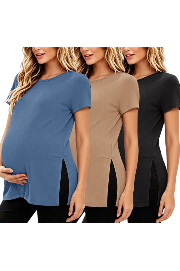 Women's Maternity Shirts Tops Split Hem Ribbed Maternity Pregnancy Clothes 3-Pack