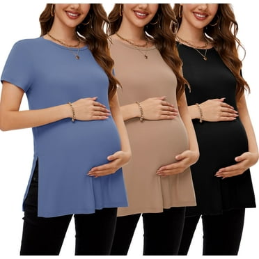 Smallshow Women's Maternity Shirts Tops Split Hem Ribbed Maternity Pregnancy Clothes 3-Pack