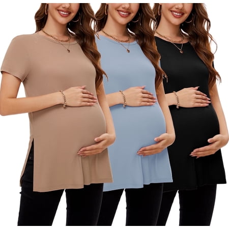 Women's Maternity Shirts Tops Split Hem Ribbed Maternity Pregnancy Clothes 3-Pack