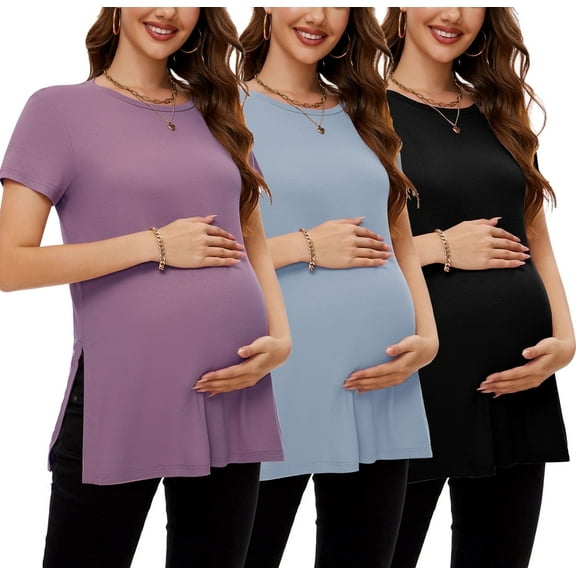 Women's Maternity Shirts Tops Split Hem Ribbed Maternity Pregnancy Clothes 3-Pack