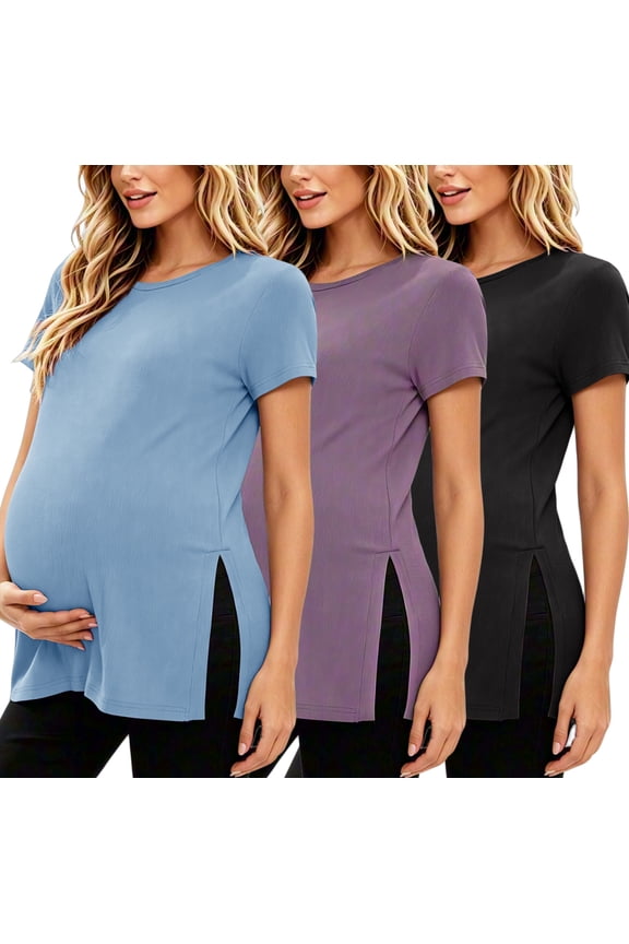 Women's Maternity Shirts Tops Split Hem Ribbed Maternity Pregnancy Clothes 3-Pack