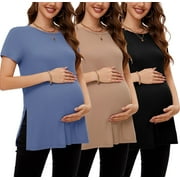 SMALLSHOW Women's Maternity Shirts Tops Split Hem Ribbed Maternity Pregnancy Clothes 3-Pack