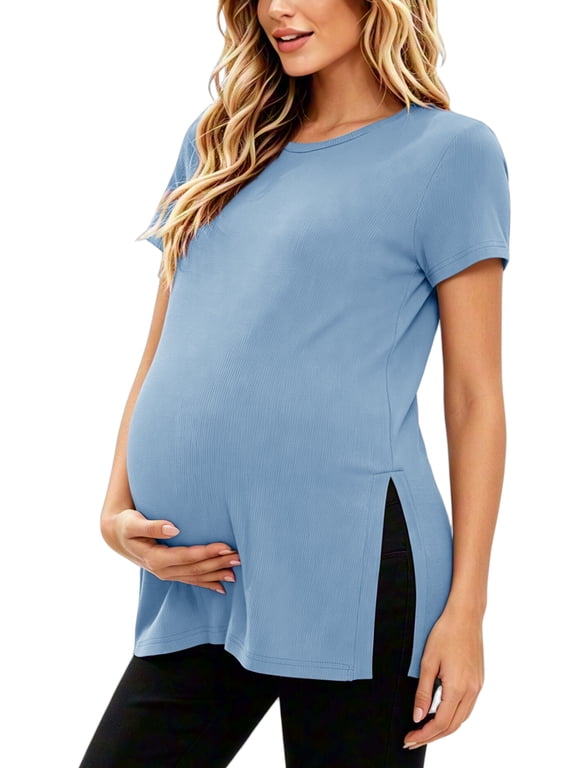 Women's Maternity Shirts Tops Split Hem Ribbed Maternity Pregnancy Clothes