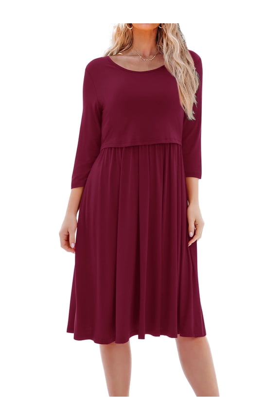 Women's Patchwork Maternity Nursing Dress 3/4 Sleeve Dress for Breastfeeding
