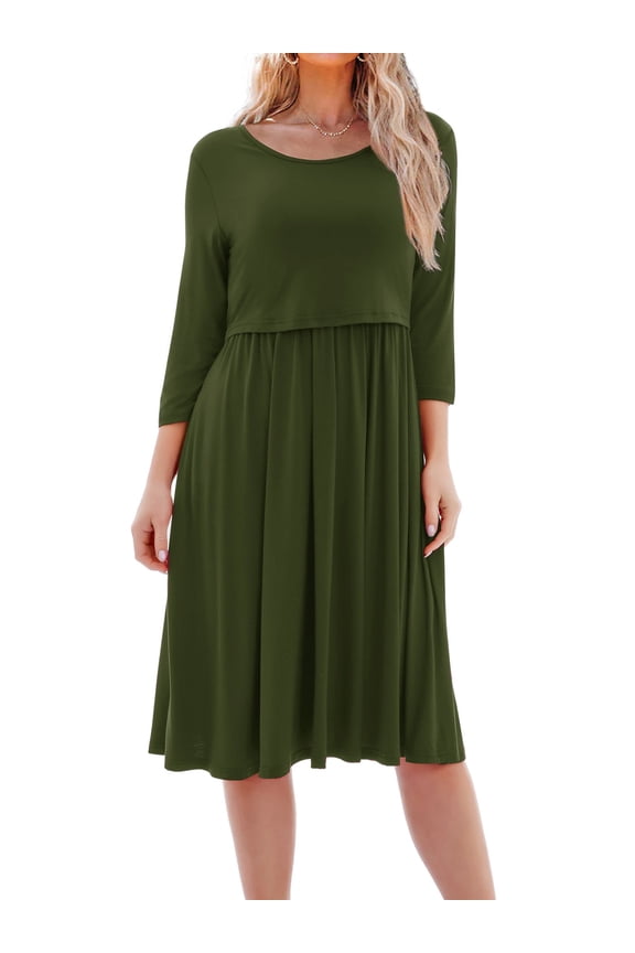 Women's Patchwork Maternity Nursing Dress 3/4 Sleeve Dress for Breastfeeding