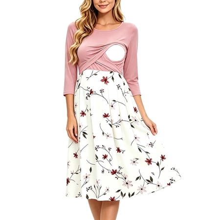 Women's Patchwork Maternity Nursing Dress 3/4 Sleeve Dress for Breastfeeding
