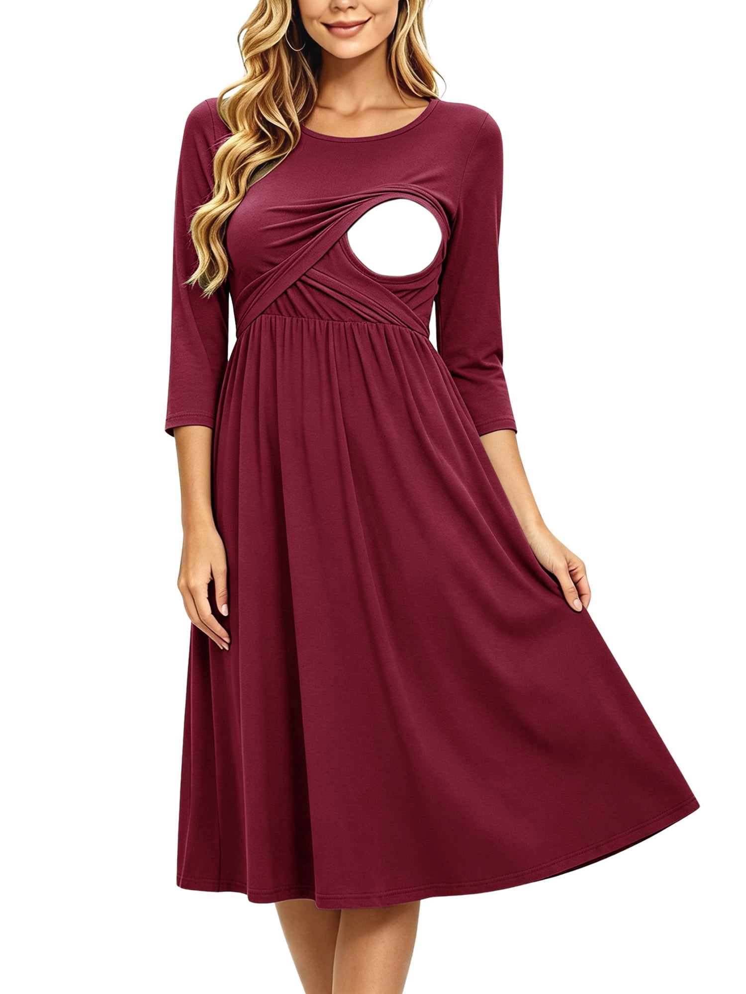 Women's Patchwork Maternity Nursing Dress 3/4 Sleeve Dress for Breastfeeding