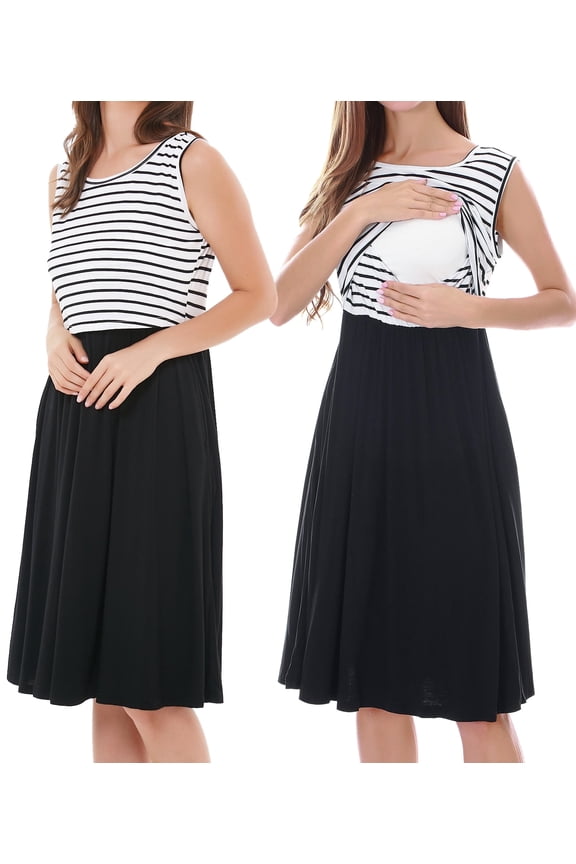 Women's Patchwork Maternity Nursing Dresses Sleeveless Breastfeeding Clothes