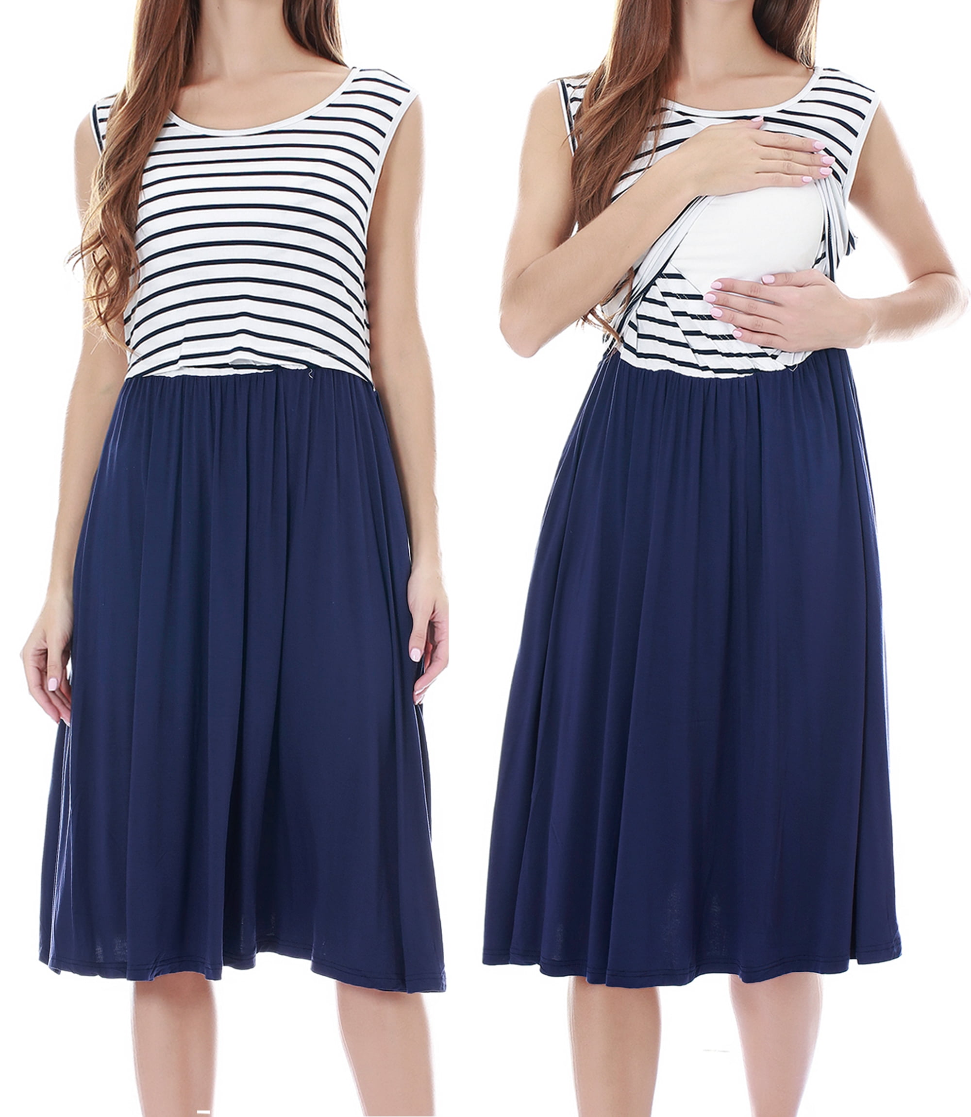 Women's Patchwork Maternity Nursing Dresses Sleeveless Breastfeeding Clothes