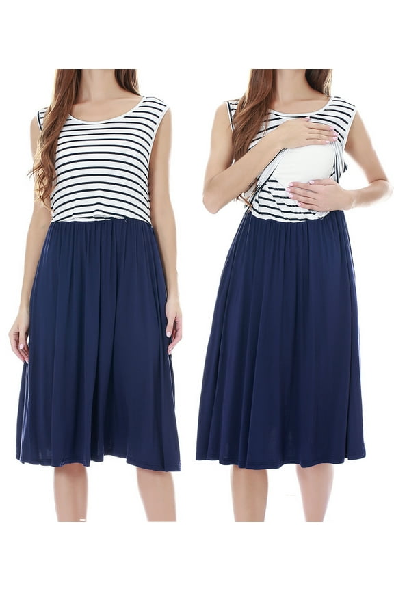Women's Patchwork Maternity Nursing Dresses Sleeveless Breastfeeding Clothes