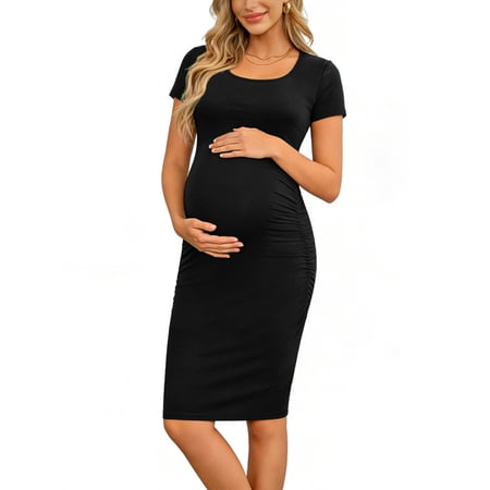 Women's Short Sleeve Maternity Dress Clothes Ruched Pregnancy Bodycon Dress