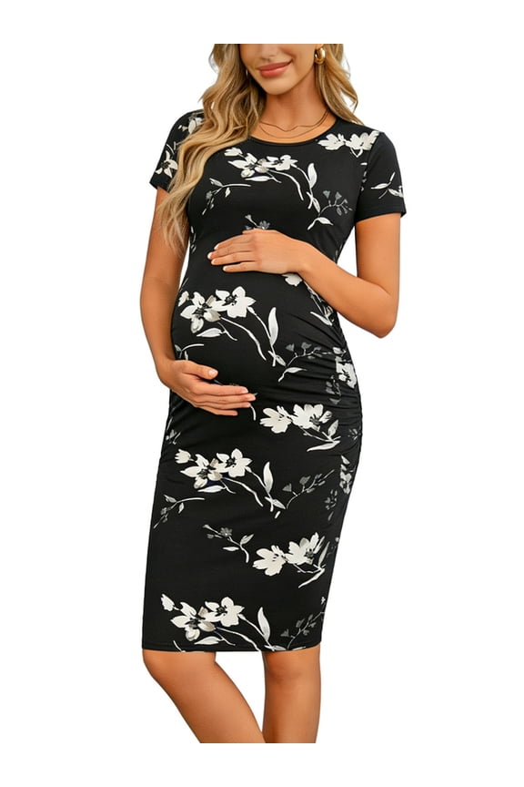 Women's Short Sleeve Maternity Dress Clothes Ruched Pregnancy Bodycon Dress