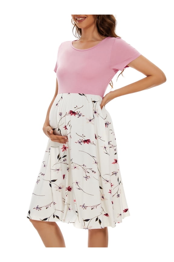Women's Short Sleeve Maternity Dress Patchwork Pregnancy Clothes with Pockets
