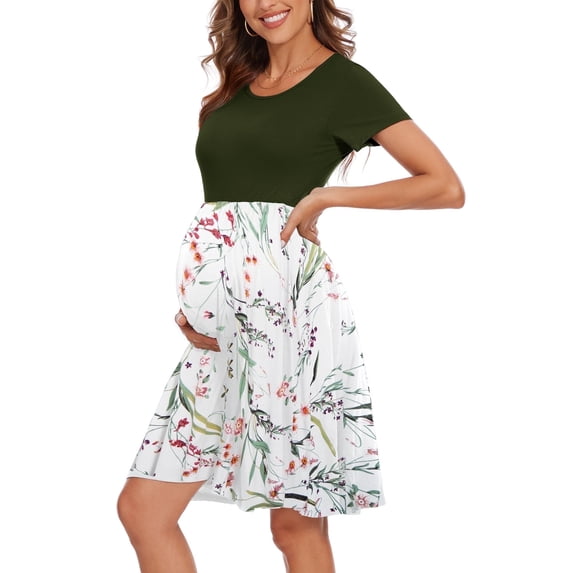 Women's Short Sleeve Maternity Dress Patchwork Pregnancy Clothes with Pockets