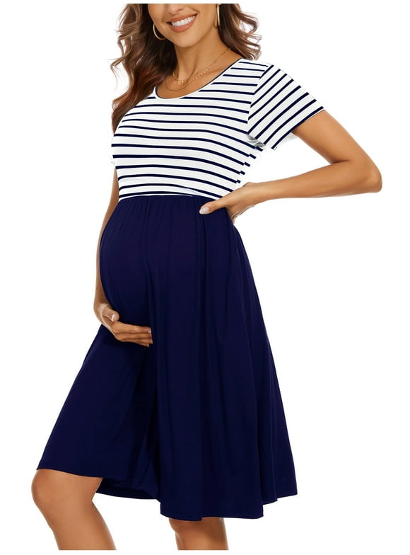 Women's Short Sleeve Maternity Dress Patchwork Pregnancy Clothes with Pockets
