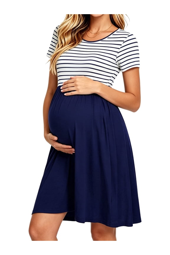 Women's Short Sleeve Maternity Dress Patchwork Pregnancy Clothes with Pockets