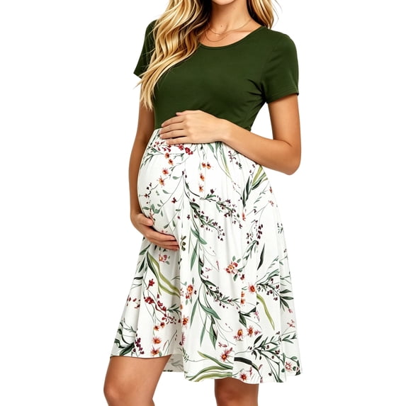 Women's Short Sleeve Maternity Dress Patchwork Pregnancy Clothes with Pockets