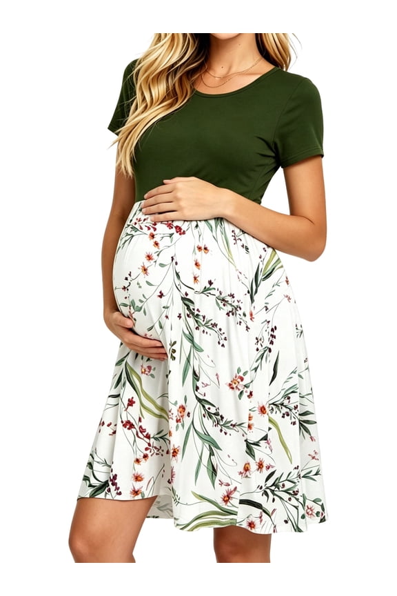 Women's Short Sleeve Maternity Dress Patchwork Pregnancy Clothes with Pockets