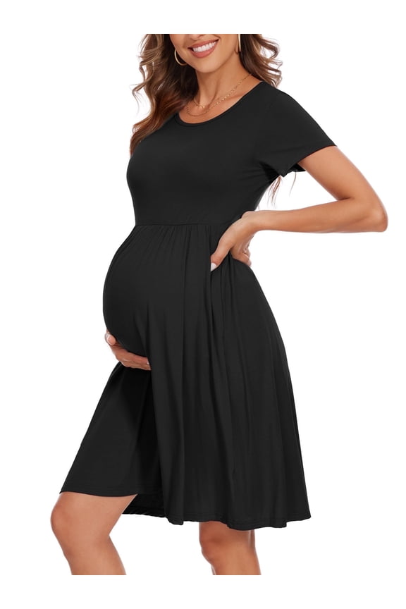 Women's Short Sleeve Maternity Dress Patchwork Pregnancy Clothes with Pockets