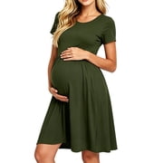 Women's Short Sleeve Maternity Dress Patchwork Pregnancy Clothes with Pockets