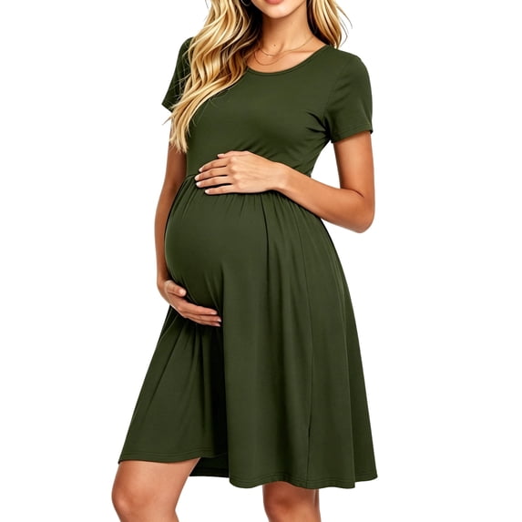 Women's Short Sleeve Maternity Dress Patchwork Pregnancy Clothes with Pockets
