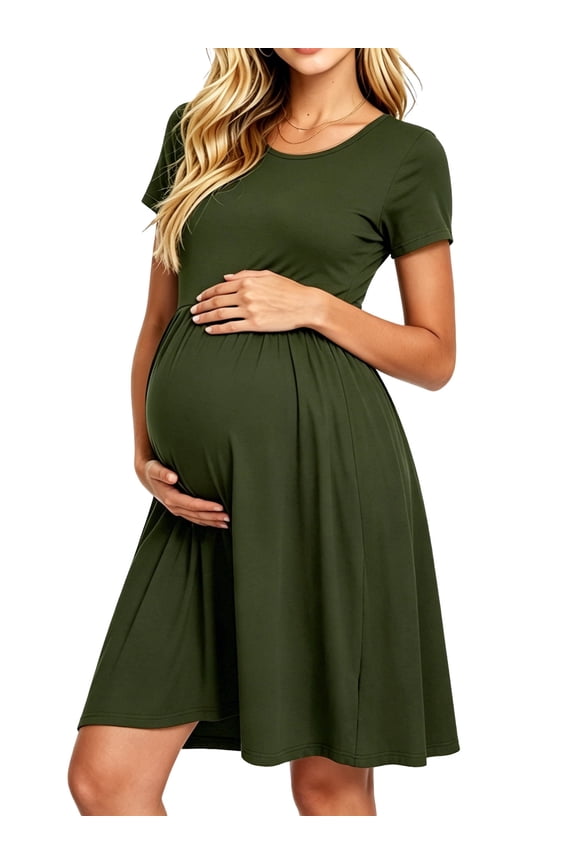 Women's Short Sleeve Maternity Dress Patchwork Pregnancy Clothes with Pockets