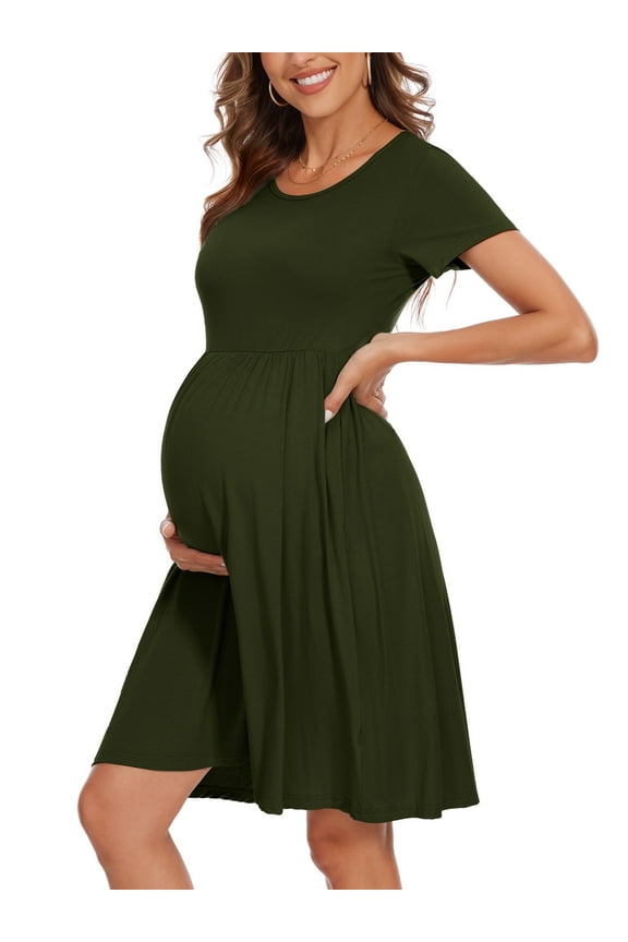Women's Short Sleeve Maternity Dress Patchwork Pregnancy Clothes with Pockets