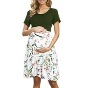 Smallshow Women's Short Sleeve Maternity Dress Patchwork Pregnancy Clothes with Pockets
