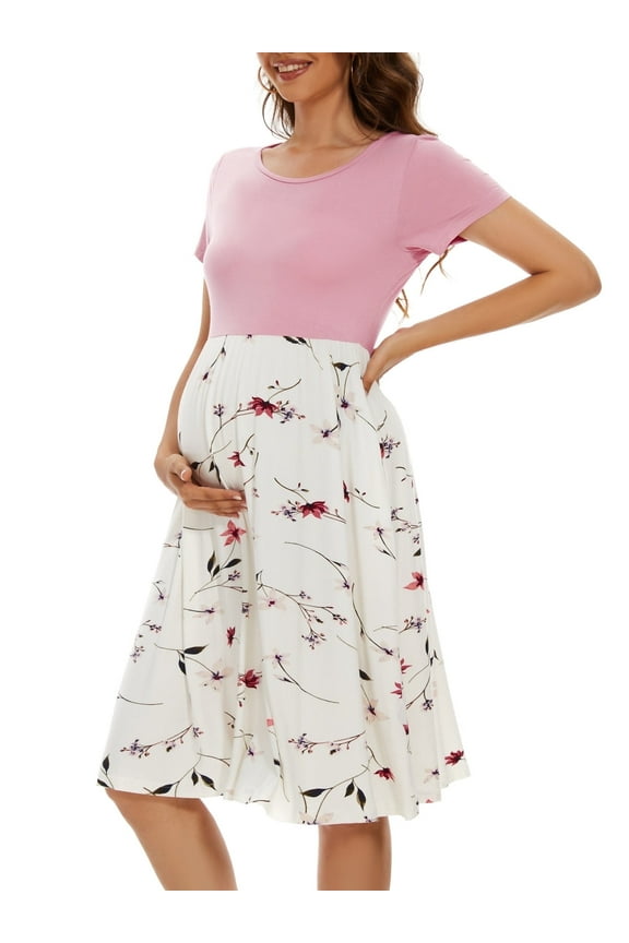 Women's Short Sleeve Maternity Dress Patchwork Pregnancy Clothes with Pockets