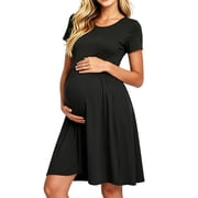 Women's Short Sleeve Maternity Dress Patchwork Pregnancy Clothes with Pockets