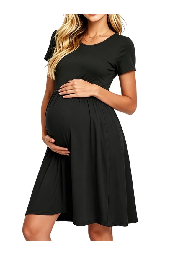 Women's Short Sleeve Maternity Dress Patchwork Pregnancy Clothes with Pockets