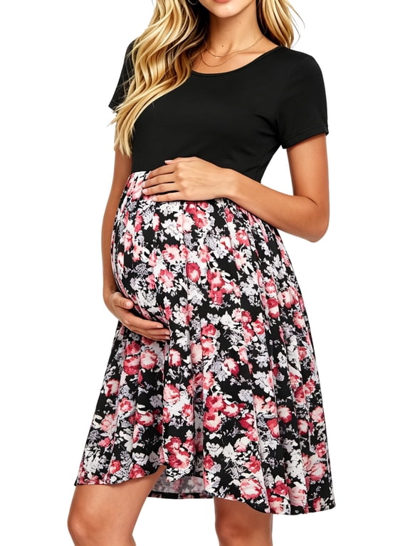 Women's Short Sleeve Maternity Dress Patchwork Pregnancy Clothes with Pockets