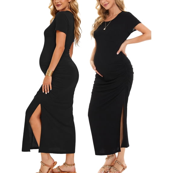 Women's Short Sleeve Maternity Dresses Clothes Split Pregnancy Maxi Dresses