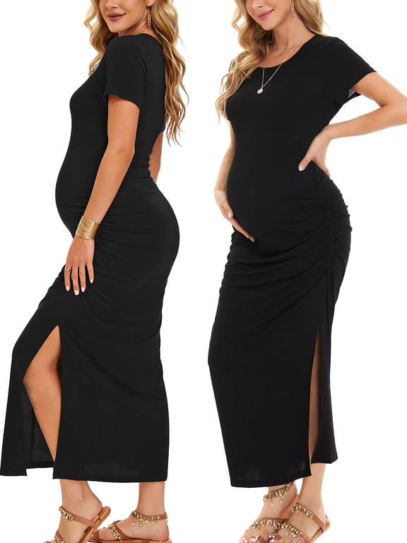 Women's Short Sleeve Maternity Dresses Clothes Split Pregnancy Maxi Dresses