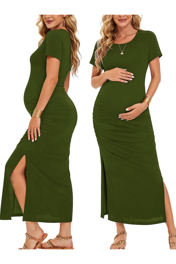 Women's Short Sleeve Maternity Dresses Clothes Split Pregnancy Maxi Dresses