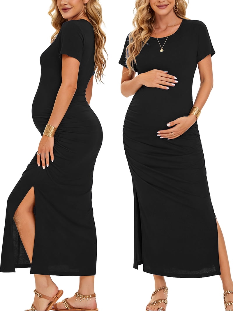 cheap maxi dresses for pregnancy Smallshow Women's Maternity Maxi Dress with Short Sleeves and Split Side
